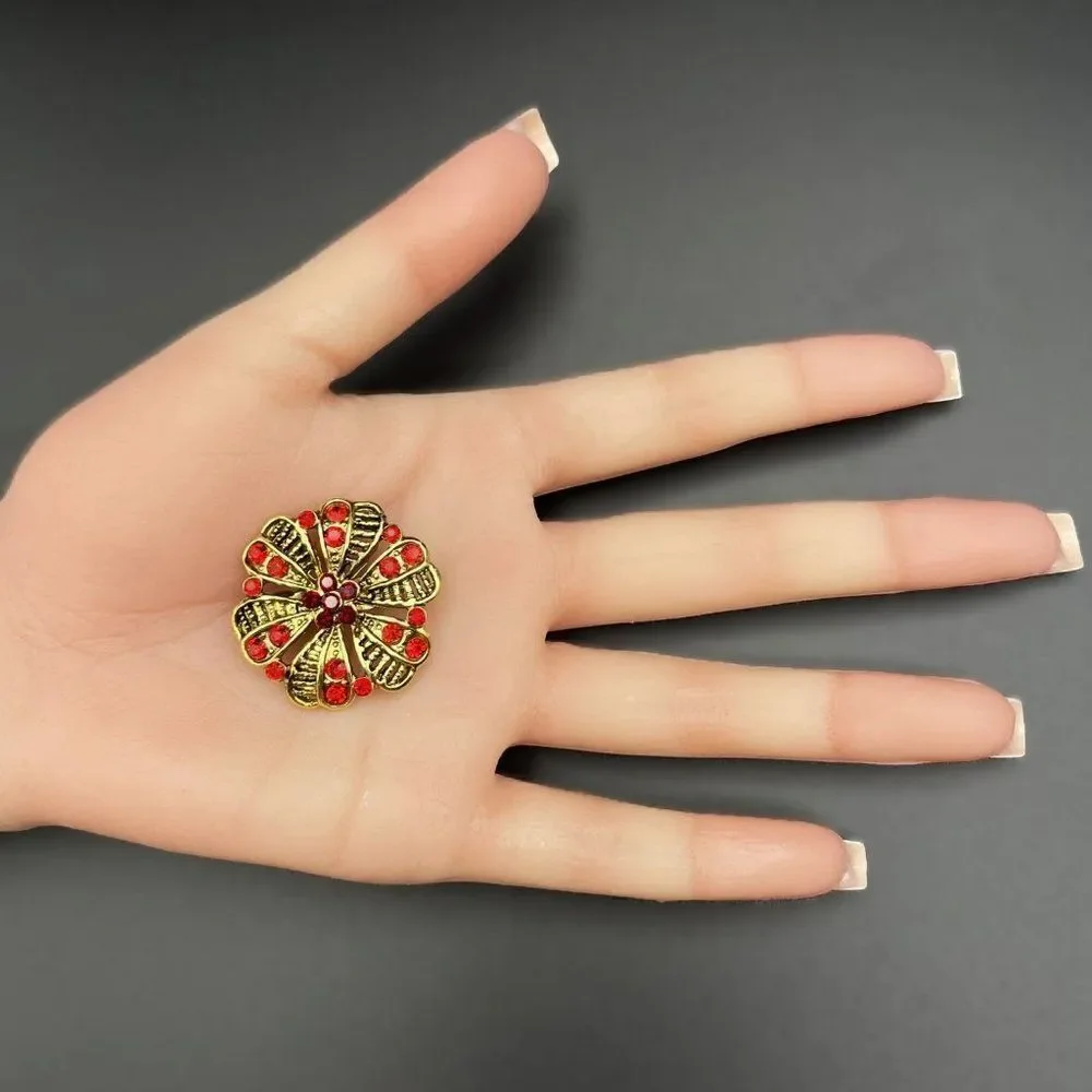 Yellow Gold with Ruby Red and Garnet Red Crystal Round Flower Pin Back Brooch